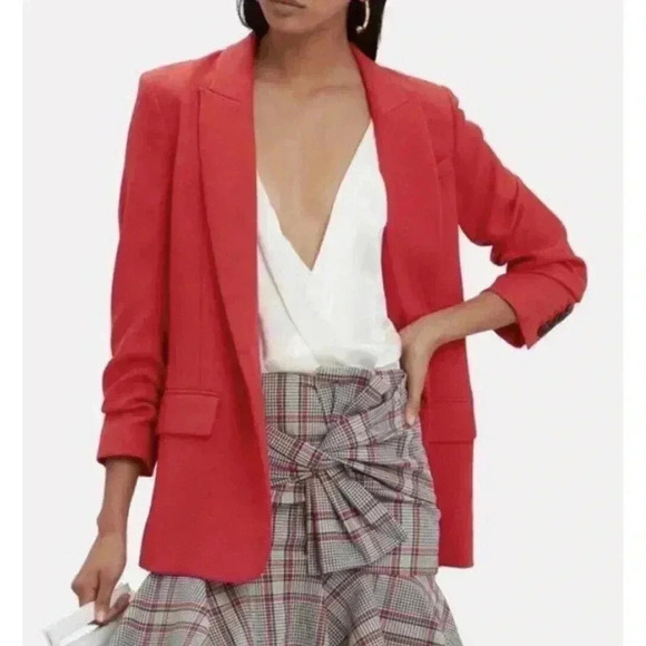 Veronica Beard Draped Graham Dickey Blazer Long Jacket 6 Red Ruched 3/4 Sleeves - Picture 2 of 10